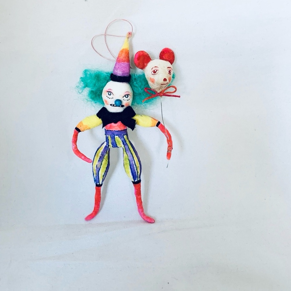 New Handmade HandPainted Clown wt balloon Spun Cotton Doll by Artist Maria Paula